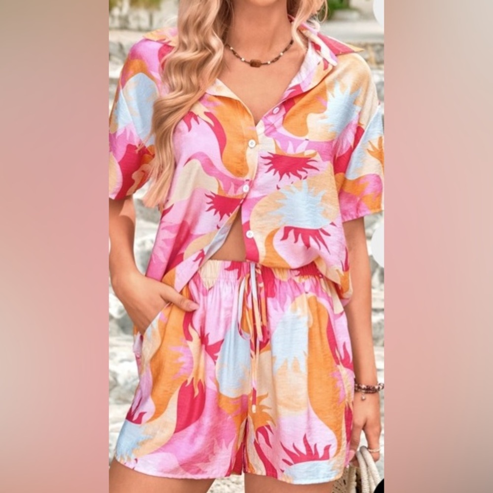 Two Piece Colorful Abstract Print Short Sleeve Button Down Shirt Shorts Set